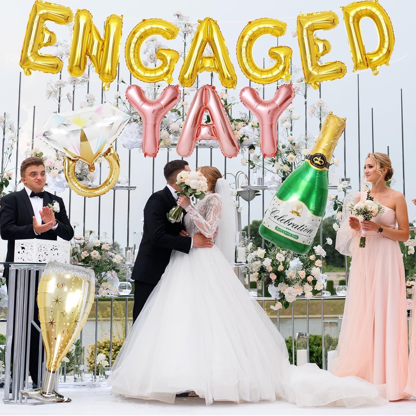 Gold Engagement Party Decorations, Engaged Yay Balloons Letters Banner, Diamond Ring Green Champagne Bottle Balloon Glass Foil Balloon for Bachelorette Engagement Wedding Bridal Shower Party Supplies