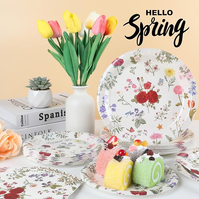 OBUSATT 96Pcs Wild Floral Party Supplies Wild Floral Paper Plates Napkins Spring themd Flowers Party Decorations Tea Dinnerware Favor Birthday Wedding Bridal Shower Baby Shower Tableware Serves 24