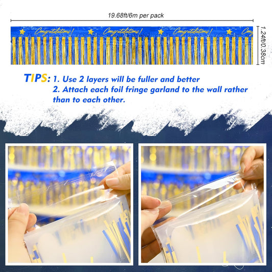 Mega-L Birthday Banners Party Decorations, Blue Gold Congratulation Foil Fringe Garland, 2Pack 39 Ft Tinsel Streamers Photo Booth Props Flag for Parade Float Car Graduation Class of 2026 Party Decor