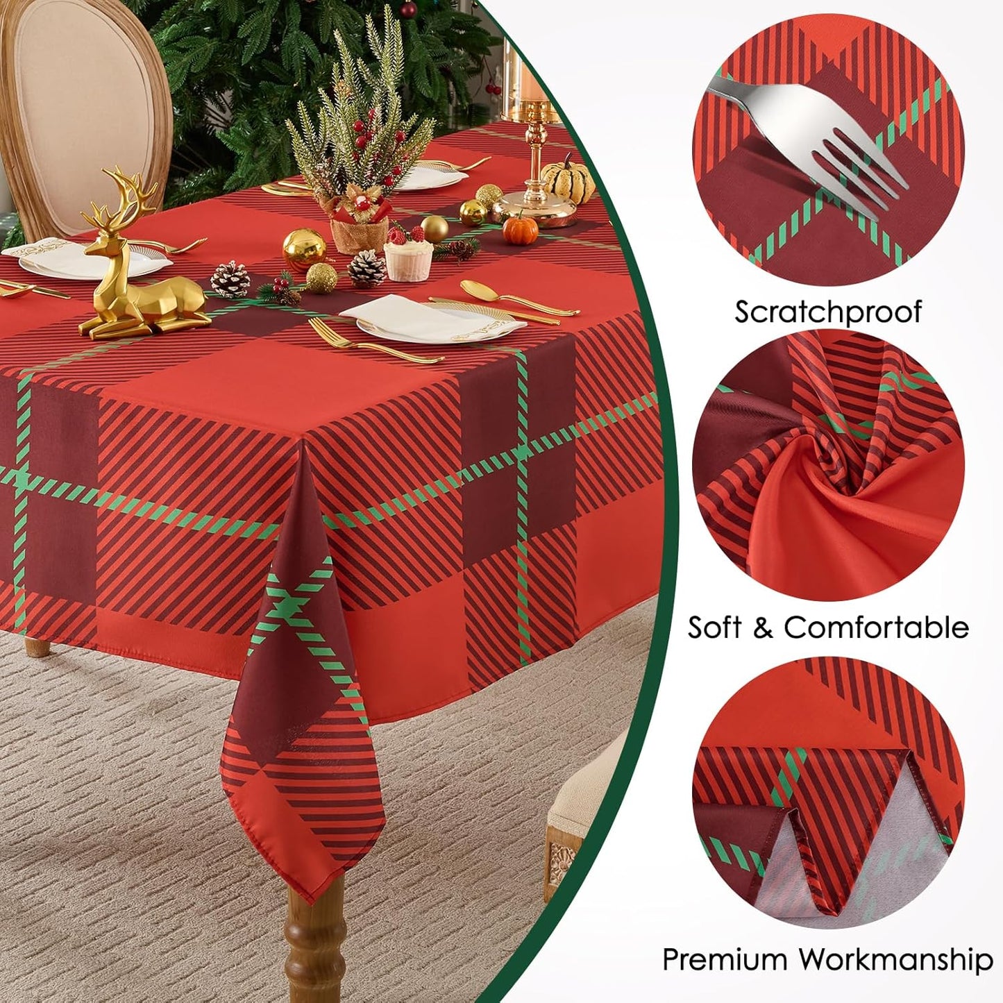 Christmas Tablecloth Rectangular 60x102 Inch Waterproof, Machine Washable Checkered Polyester Table Cover for Xmas Party, Winter Holiday Home Decoration in Festive Checkered Red 1pack