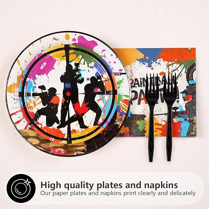 Grencian 200Pcs Paintball Party Supplies Paintball Neon Paper Plates and Napkins Paint Splatter Tableware Sets Paint Ball Gun Shooting for Kids Boys Holiday Birthday Party Supplies Serves 50