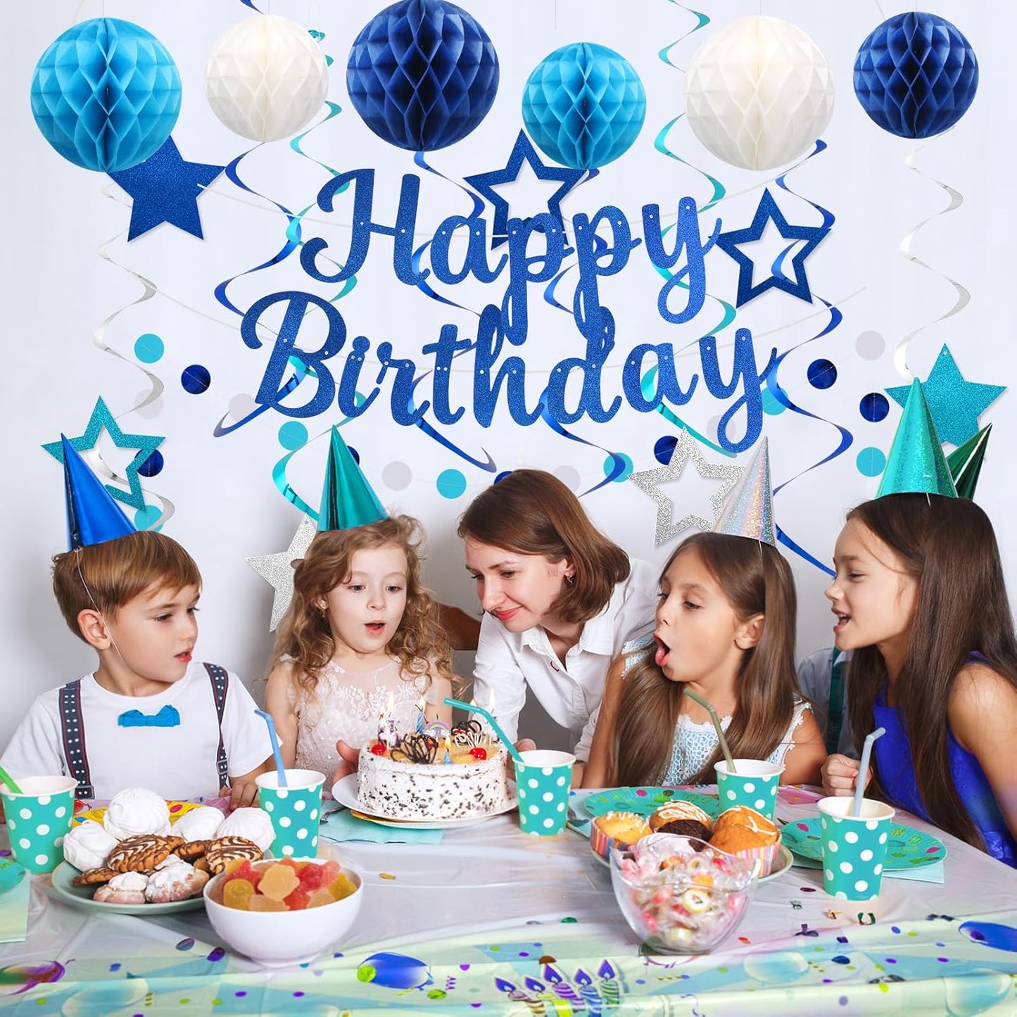 Birthday Decorations, NO DIY, Pre-Strung Happy Birthday Banner with Honeycomb Balls, Hanging Swirls, Circle Dots Garland, Party Decorations for Women Men Boys Girls (Blue)