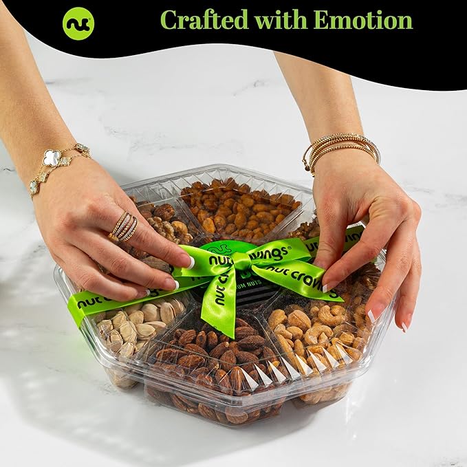 NUT CRAVINGS - Halloween Treats For Adults Mixed Nuts Gift Basket + Green Ribbon (7 Assortments, 1 LB) Holiday Xmas Christmas Food Arrangement, Healthy Snack Care Package, Food Assortments
