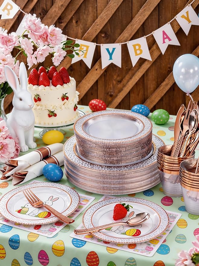 Ciaell 350PCS Rose Gold Plastic Plates - Clear Rose Gold Disposable Plates with Plastic Silverware include 100Plates, 150Silverware, 50Cups, 50Napkins for Wedding & Party & Easter