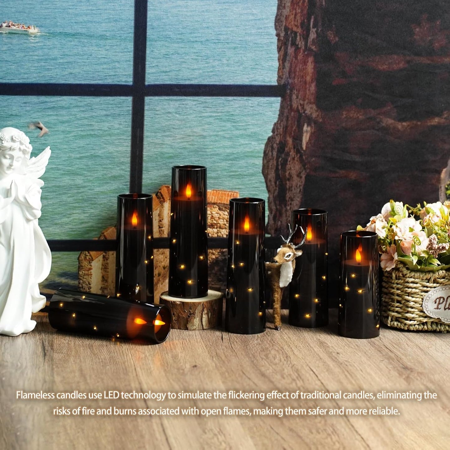 Flickering Flameless LED Candles, 9 Pcs with Embedded Star String, Acrylic LED Pillar Candles with Remote, Suitable for Home Decoration (Black)