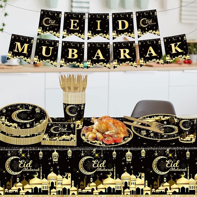 98PCS Eid Mubarak Party Supplies Black and Gold Ramadan Tableware Set Ramadan Mubarak Paper Plates and Napkins Eid Mubarak Party Decorations Eid Al-fitr Party Disposable Dinnerware Set for 16 Guests