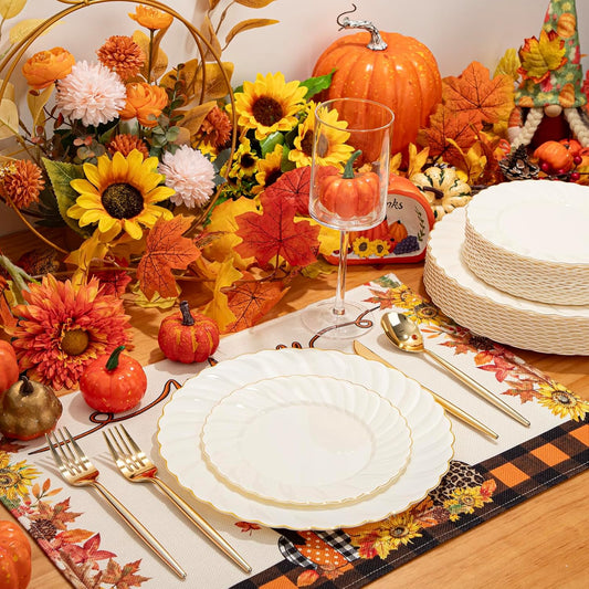 U-QE 60 Pcs Thanksgiving Plates Disposable – Ivory Scalloped Plastic Plates with Gold Trim – Elegant Plastic Plate Include 30 10.25" Dinner & 30 7.25" Dessert Plate for Party, Friendsgiving & Fall