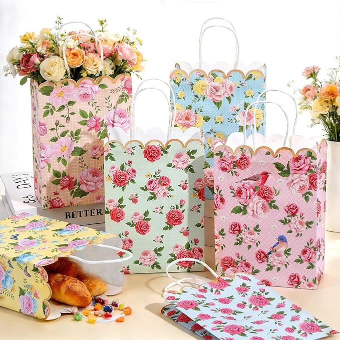 Vintage Floral Gift Bags Bulk Tea Party Favors Flower Tea Party Goodie Bags Treat Candy Bag Spring Wildflower Birthday Favors Decoration for Princess Birthday Wedding Garden Bridal Shower 12Pcs