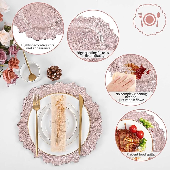 Pesonlook 24Pcs Rose Gold Charger Plates Round 13inch, Reef Plate Chargers for Dinner, Bulk Plastic Floral Table Plates for Dinner Wedding Party Event Table Setting Decoration(Rose Gold)