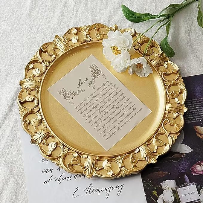 6 Pack Gold Charger Plates 13" Round Charger Plates for Dinning Plates with Embossed Rim Plastic Charger for Dinner, Wedding, Elegant Tableware Decor