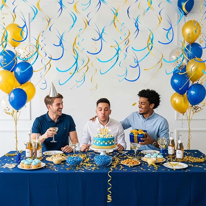 BEISHIDA Blue Blue Gold Hanging Swirls Party Decorations Plastic Streamer for Ceiling, Baby Shower Retirement Birthday Graduation Party Supplies, Pack of 20