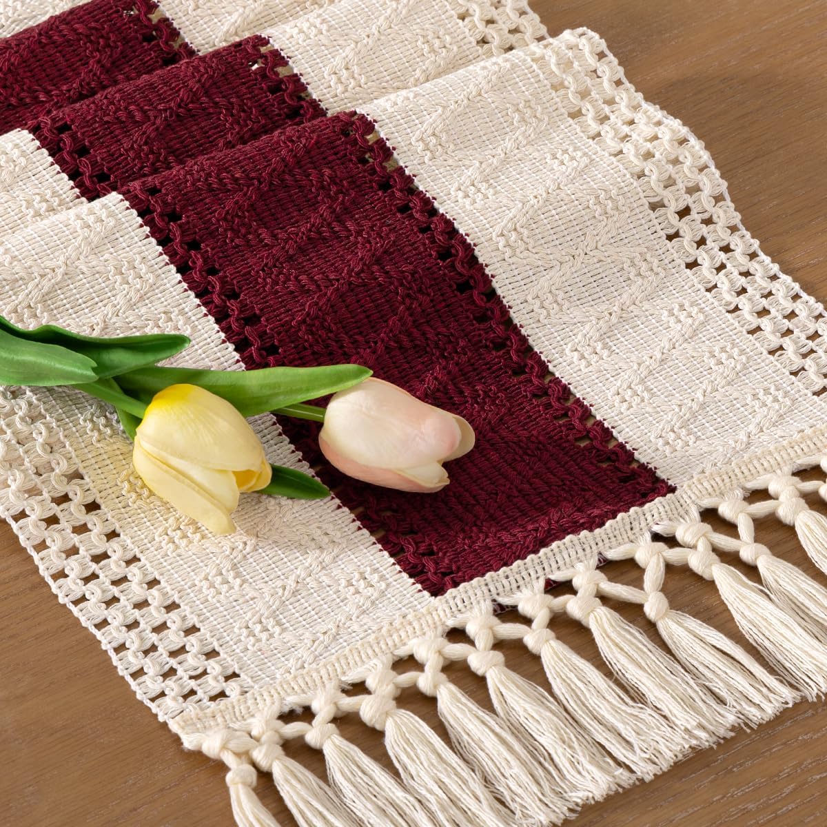 Socomi Boho Table Runner Fall Thanksgiving Farmhouse Rustic Dining Kitchen Centerpiece Decor Small Macrame Woven Cotton Linen Coffee Table Runner for Dresser Scarf Home Decor 12x60 in Burgundy Ivory