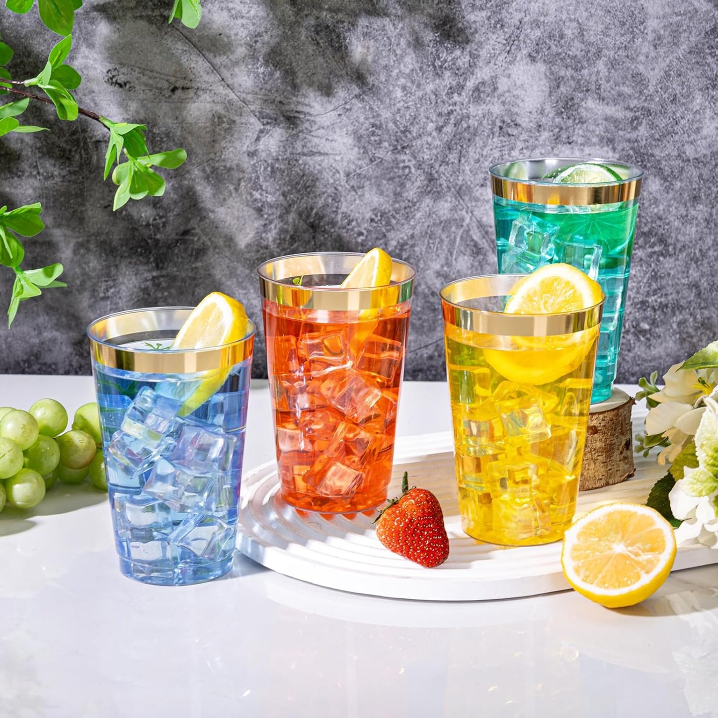 I00000 50 Pack 14 oz Gold Plastic Cups, Gold Disposable Cups Tumblers, Disposable Plastic Wine Glasses Cocktail Glasses Perfect for Wedding, Halloween, Thanksgiving, Christmas Parties