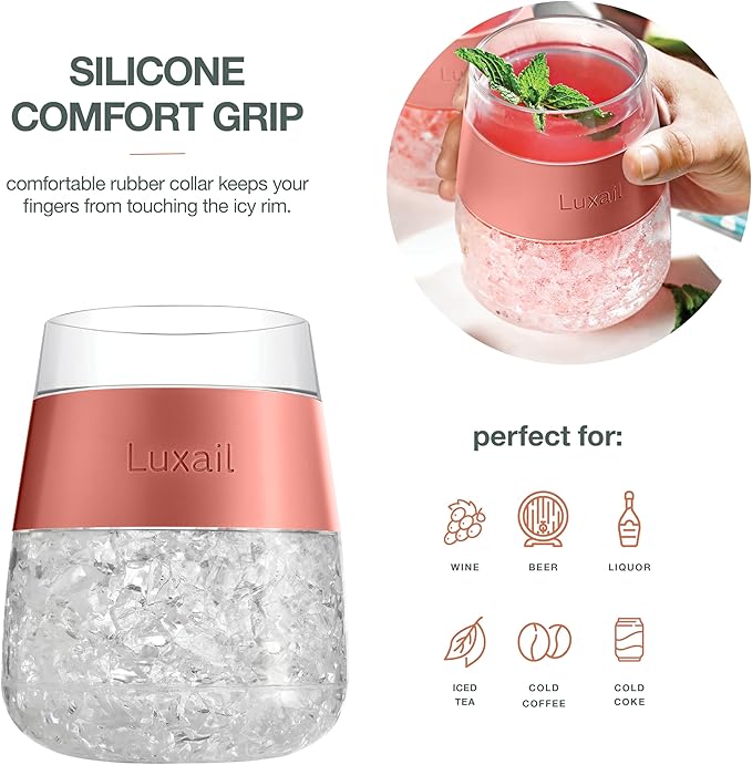 Wine Glasses, Plastic Wine Glasses Set of 2, Wine Gifts, Double Wall Insulated Freezer Tumbler, Stemless Freezer cups for Red and white Wine, 8.5 Oz, Coral