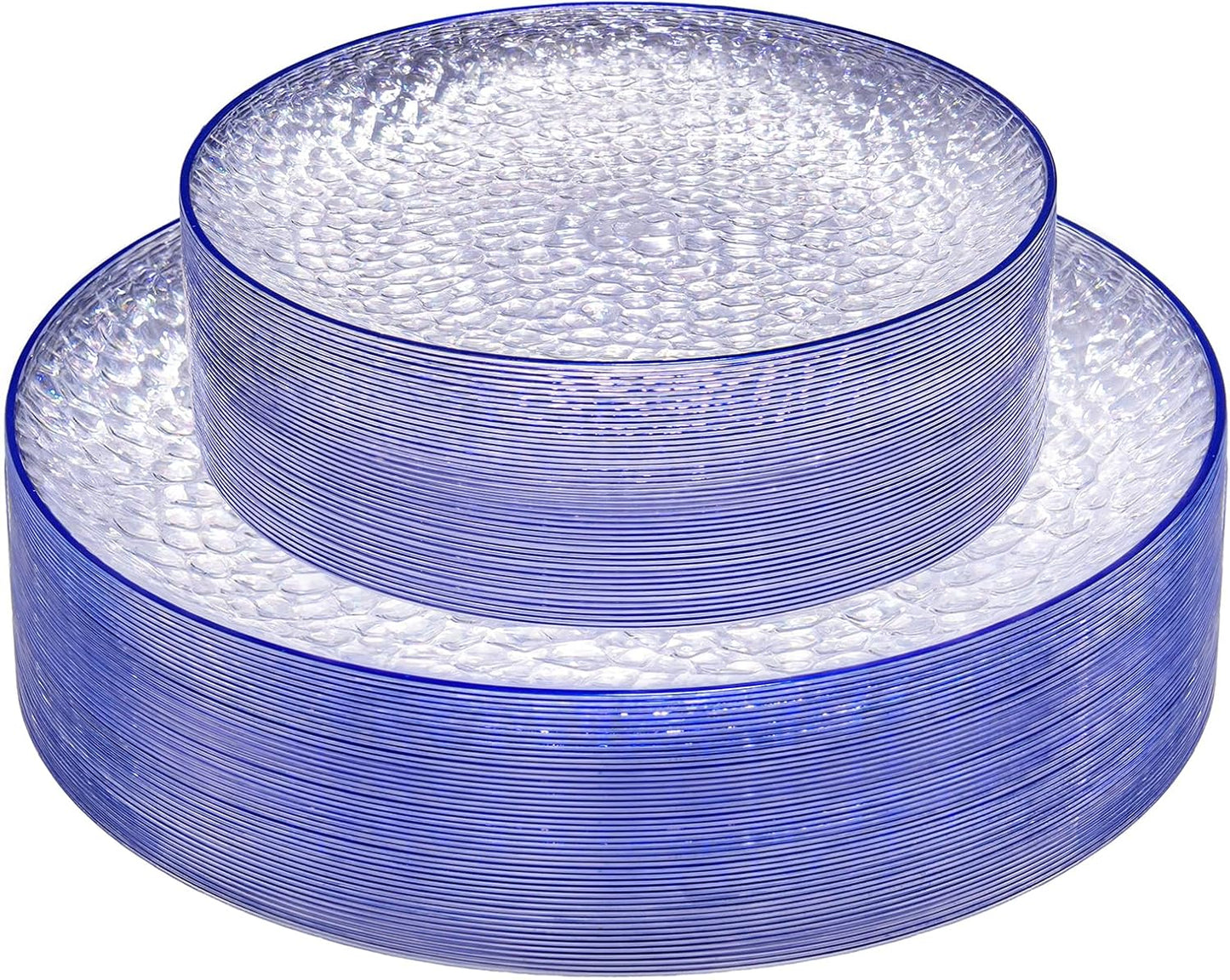 Rubtlamp 60Pcs Blue Plastic Plates, Clear Disposable Plates With Blue Rim, Heavy Duty Fancy Party Plates, Hammered Disposable Plates Include 30 Dinner Plates, 30 Dessert Plates For Wedding