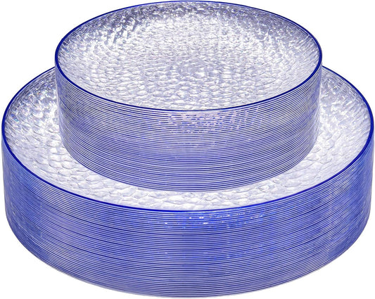 Rubtlamp 60Pcs Blue Plastic Plates, Clear Disposable Plates With Blue Rim, Heavy Duty Fancy Party Plates, Hammered Disposable Plates Include 30 Dinner Plates, 30 Dessert Plates For Wedding