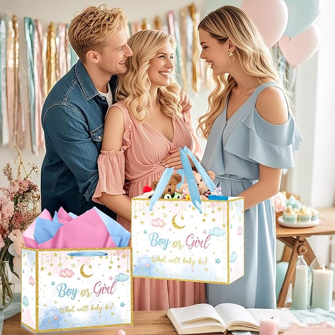 Gender Reveal Gift Bag Blue Pink Boy or Girl Paper Bag with Wrapping Paper Card What Will Baby Be Party Decoration Twinkle Treat Candy Bag for Baby Shower Gender Reveal Birthday Party Supplies