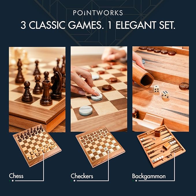 Pointworks 17 Inch Chess Checkers Backgammon Set for adults, Wooden chess set combo, portable folding two sided board multi game design, maple walnut inlay with large weighted pieces, acrylic checkers