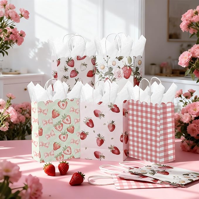 Kolldenn 24 Pcs Strawberry Party Gift Bags with Handles Paper Treat Goodie Bags Scalloped for Birthday Decoration for Bridal Baby Shower Tea Party Supplies