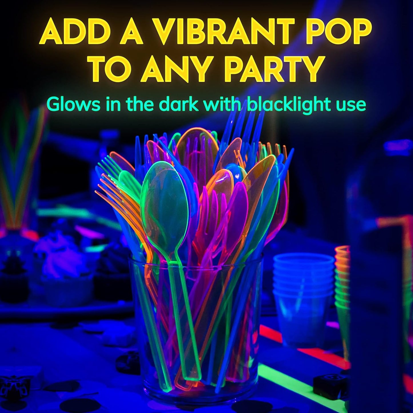 Kedudes Neon Glow Party Supplies, Serves 32 - Hard Plastic Disposable Party Neon Plates, Napkins, Neon Cups Tumblers, Cutlery - Forks, Knives, Spoons - Neon Party Decorations - Fiesta Party Supplies