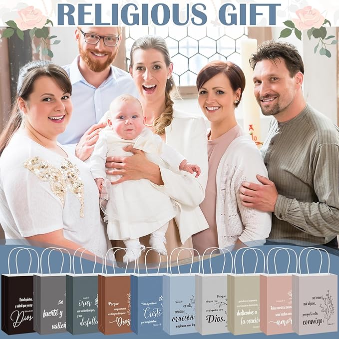 Kolldenn 40 Pcs Spanish Bible Verse Bags Bulk Christian Gift Bags with Handles Inspirational Flower Boho Biblical Religious Gifts for Church Sunday School Mother's Day Baptism Party(Earthy Tones)