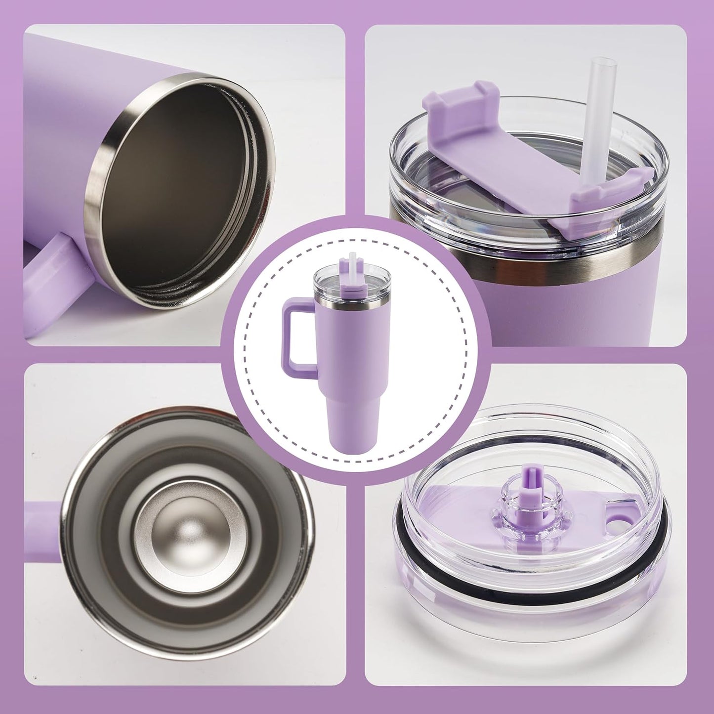 40 oz Tumbler with Handle and Straw Spill Proof Large Travel Coffee Mug Insulated Reusable Stainless Steel Cup with Lid Fit for Car Cup Holder(Lavender Purple)