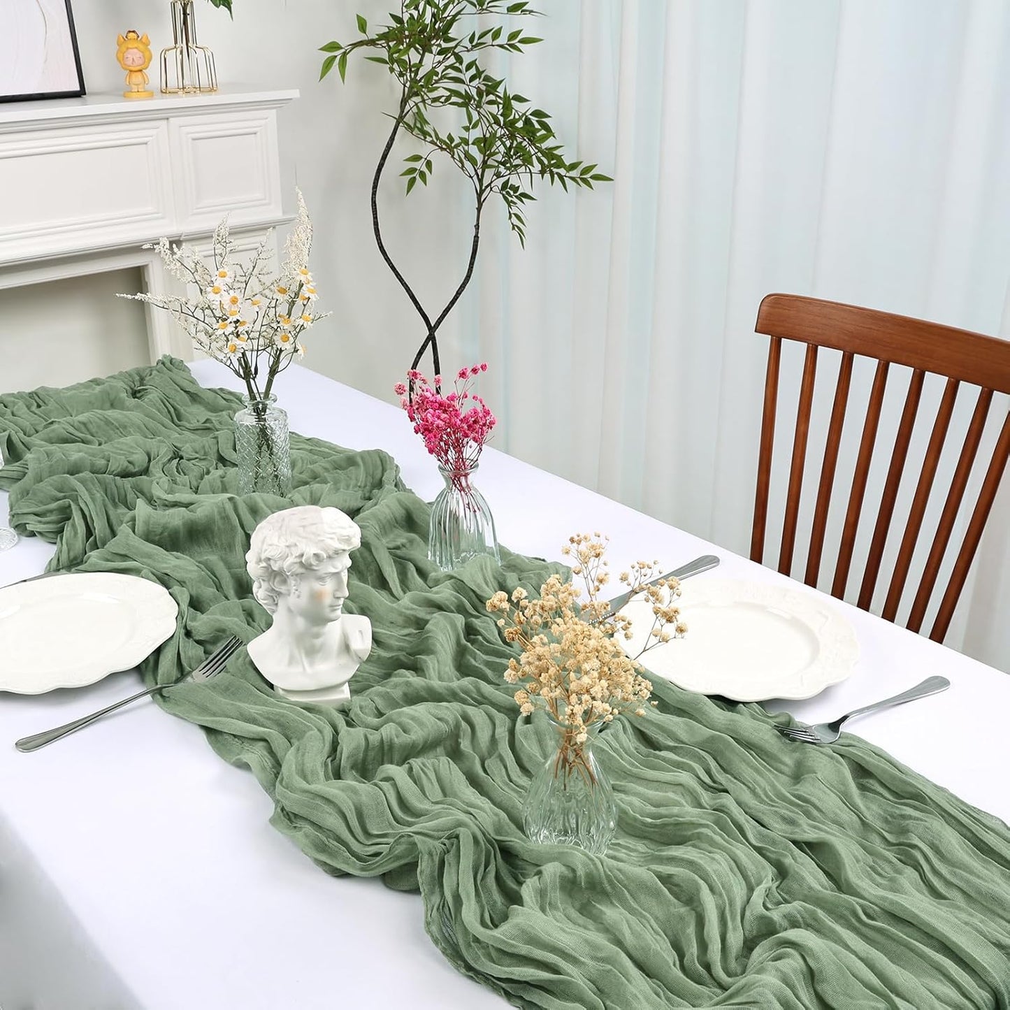 12 Pack 10FT Sage Green Cheesecloth Table Runner 35x120 Inch Gauze Rustic Boho Table Runner Cheese Cloth for Wedding Decor Birthday Party Bridal Baby Shower Table Centerpiece Decoration