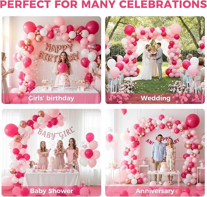 LovesTown Rose Pink Balloon Garland Kit, 150PCS Arch Kit Confetti Pink Metallic Latex Balloons for Wedding Engagement Birthday Party Decorations