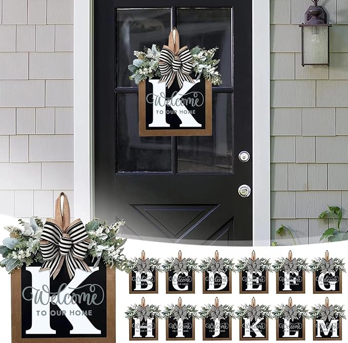 Last Name Year Round Front Door Wreath Front Porch Decoration 26 Letter Welcome Sign with Eucalyptus Garland and Bow Spring Wreaths for Front Door Outside Hanger Garland（K）