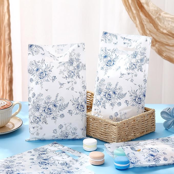 100 Pcs Wildflower Gift Bags Vintage Wildflower Party Favor Bag with Handle Plastic Goodie Candy Treat Gift Wrapping for Wedding Baby Shower Birthday Party Favors Supplies(Blue Floral)