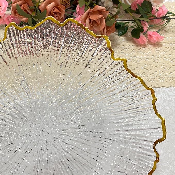 CN JIAHE 13inch Clear Acrylic Reef Gold Rim Charger Plates Set of 8 , for Dinner , Wedding , Party , Event Decoration.