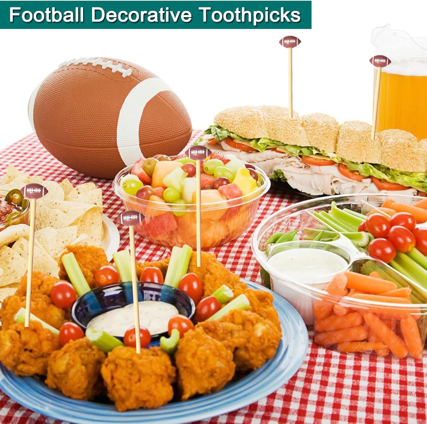 Football Picks, Football Cocktail Picks,100pcs 4.7inch Football Toothpicks for Appetizers, Fruit Sandwich Skewers Dessert Sticks for Rugby Ball Super Bowl League Sports Catered Events Party Supplies