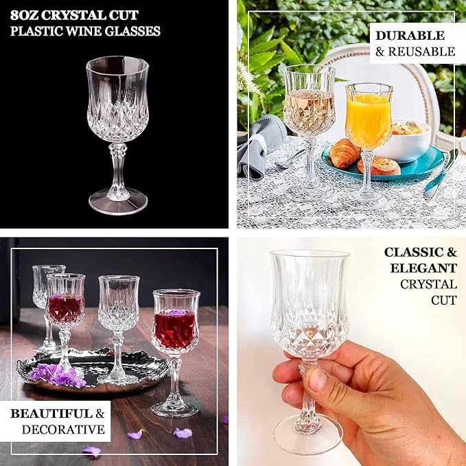 Efavormart 6-Pack Plastic Wine Glasses 8oz, Dusty Sage Green - Crystal Cut Shatterproof Cocktail Goblets Drinking Glasses