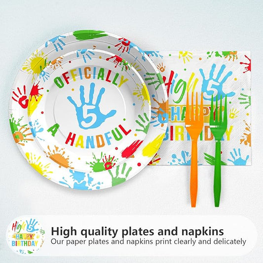 96Pcs Hi Five Birthday Decorations Colorful High Five Birthday Party Plates and Napkins Disposable 5 Year Old Tableware for Kids Boys Girls 5th Party Supplies, Serves 24