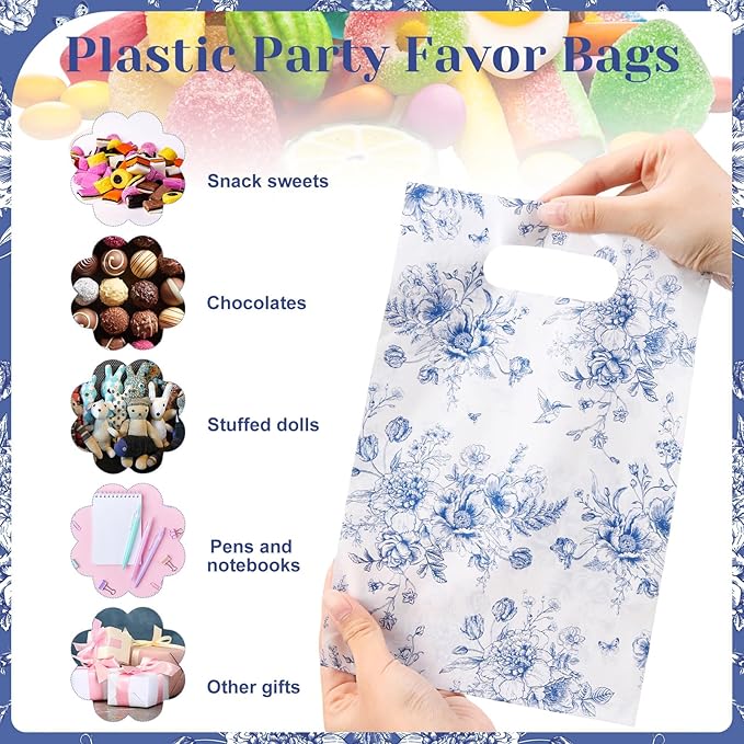 100 Pcs Wildflower Gift Bags Vintage Wildflower Party Favor Bag with Handle Plastic Goodie Candy Treat Gift Wrapping for Wedding Baby Shower Birthday Party Favors Supplies(Blue Floral)