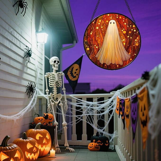 Stained Glass Window Hanging - Halloween Decoration Glowing Forest Ghost Suncatcher for Door Garden Spooky Orange Sun Catchers Gothic Decor Horror Gifts for Women Men Friend Boy Girl 11.8 in