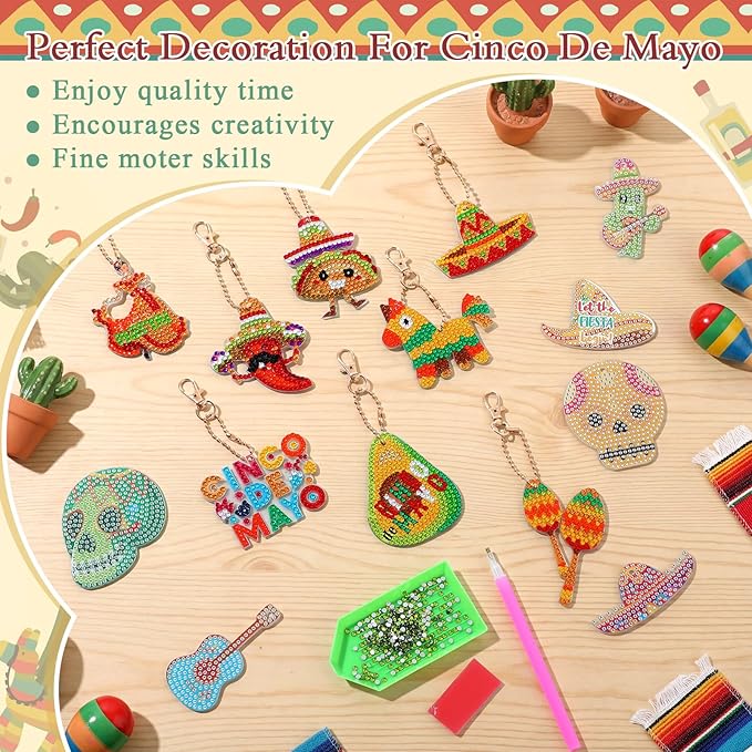 Huquary 24 Sets Cinco De Mayo Diamond Arts Keychains Mexican Fiesta Diamond Art Ornaments 5D DIY Crystal Rhinestone Crafts Kits Sombrero Taco Cactus Craft for Cinco De Mayo Mexican Holiday Gifts