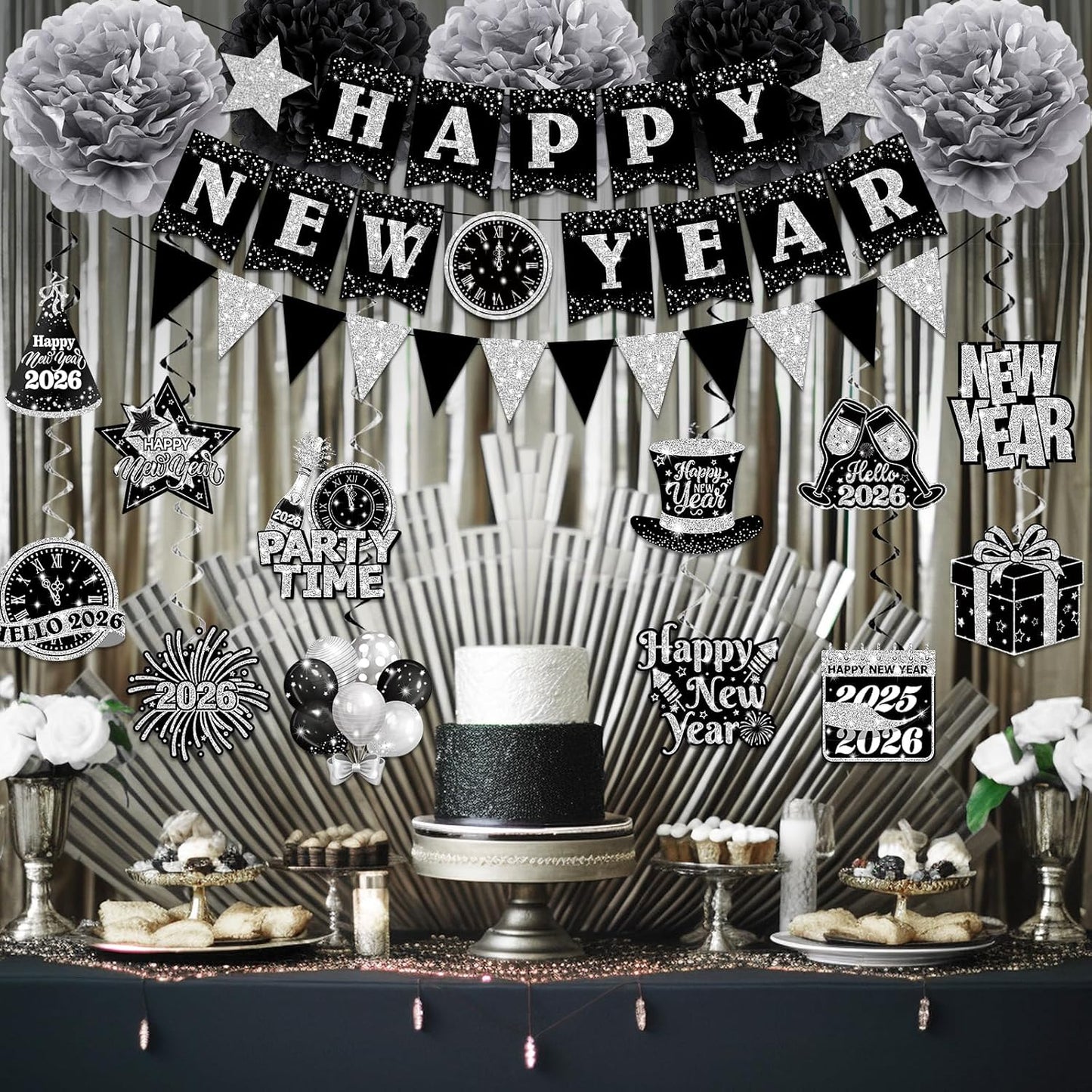 New Years Decorations Hanging Swirls,Black and Silver 2026 New Years Eve Decorations Banner Ceiling Hanging Pom Pom Garland Triangle Flag for Happy New Year Decorations