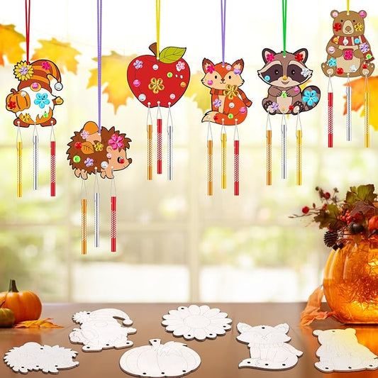 JellyArch 30 Pack Thanksgiving Wind Chime Making Kit for Adults Fall Pumpkin Leaf Animal DIY Wooden Crafts for Halloween Activity Birthday Party Decoration Gift