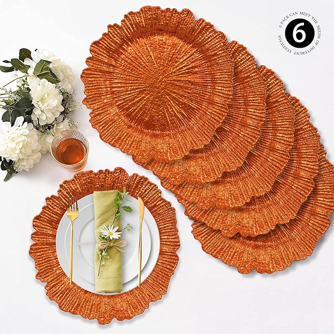 MAONAME Orange Charger Plates, Reef Plates Charger for Dinner Plate,13-inch Plastic Chargers for Wedding Decor, Set of 6