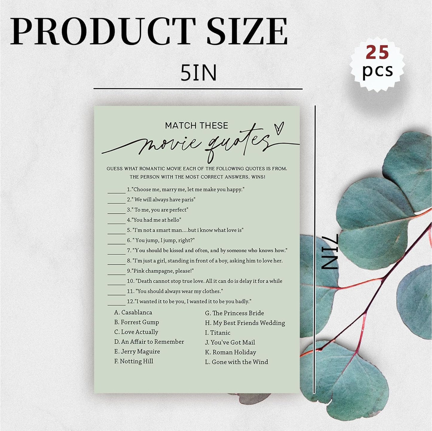 Bridal Shower Games, Match These Movie Quotes, 25Pcs Minimalist Sage Green Bridal Game Cards with 1 Answer Card, Wedding Shower Games for Guests, Engagement Bachelorette Party Supplies