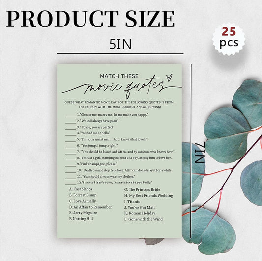Bridal Shower Games, Match These Movie Quotes, 25Pcs Minimalist Sage Green Bridal Game Cards with 1 Answer Card, Wedding Shower Games for Guests, Engagement Bachelorette Party Supplies