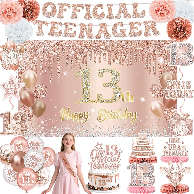 13th Birthday Decorations for Girls – 53pcs Official Teenager Decorations Backdrop, Banner, Honeycomb Centerpieces, Hanging Swirls, Foil & Latex Balloon, Cake & Cupcake Toppers, Sash, Pom Poms