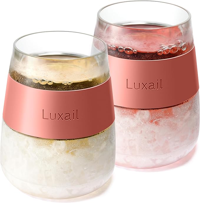 Wine Glasses, Plastic Wine Glasses Set of 2, Wine Gifts, Double Wall Insulated Freezer Tumbler, Stemless Freezer cups for Red and white Wine, 8.5 Oz, Coral