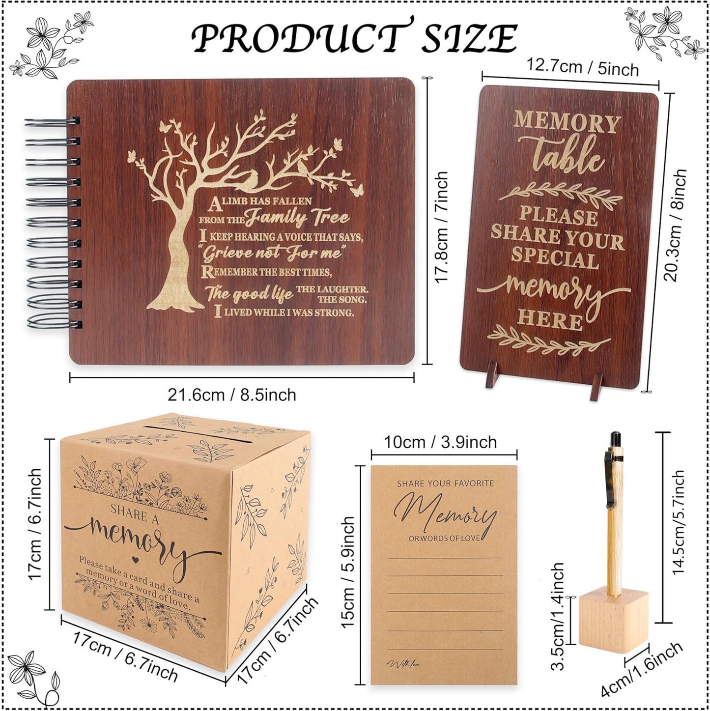 PREKIAR Funeral Guest Book Set Wooden Guest Books for Memorial Service Celebration of Life in Loving Memory with 50pcs Share a Memory Card Cards Box Table Sign and Pen (Brown- Guest Book Set #1)