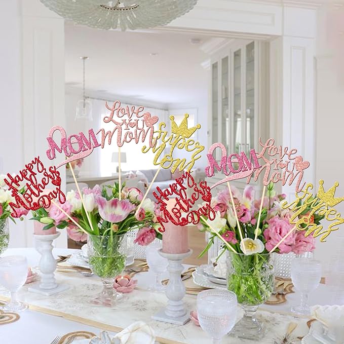 12 PCS Happy Mother's Day Centerpiece Sticks Double Sided Glitter Love Super Mom Best Mom Centerpieces for Happy Mother's Day Theme Table Flower Decorations Women Birthday Party Supplies Colorful