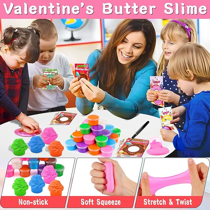 28 Pack Valentines Day Gifts for Kids Classroom, Butte Slime Kit Valentines Cards for Kids School Class Valentines Day Slime Fidget Toys Valentines Exchange Cards Valentines Party Favors Boys Girls