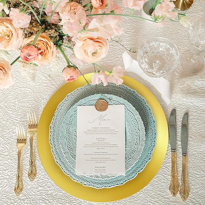 Cedilis 100PCS Disposable Gold Paper Charger Plate, 13" Round Gold Placemats for for Elegant Table Decor, Perfect for Weddings, Holiday Parties, Receptions