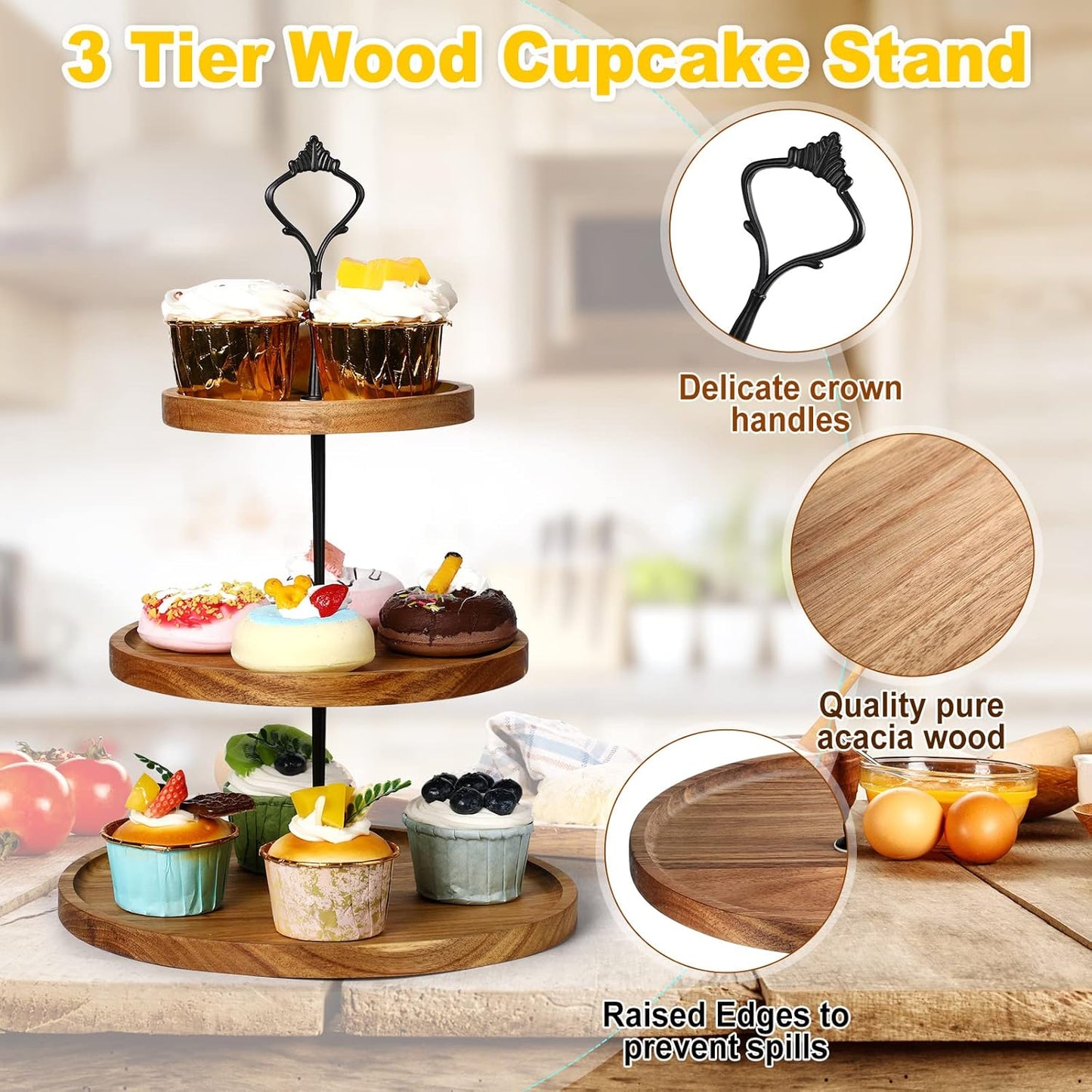 Zopeal 3 Set 3 Tier Wood Cupcake Stand,Rustic Wooden Serving Tray Farmhouse Dessert Display Tiered Cake Tower Holder for Kitchen Wedding Birthday Tea Party Decorations(Medium(5.9''7.8''9.8''))