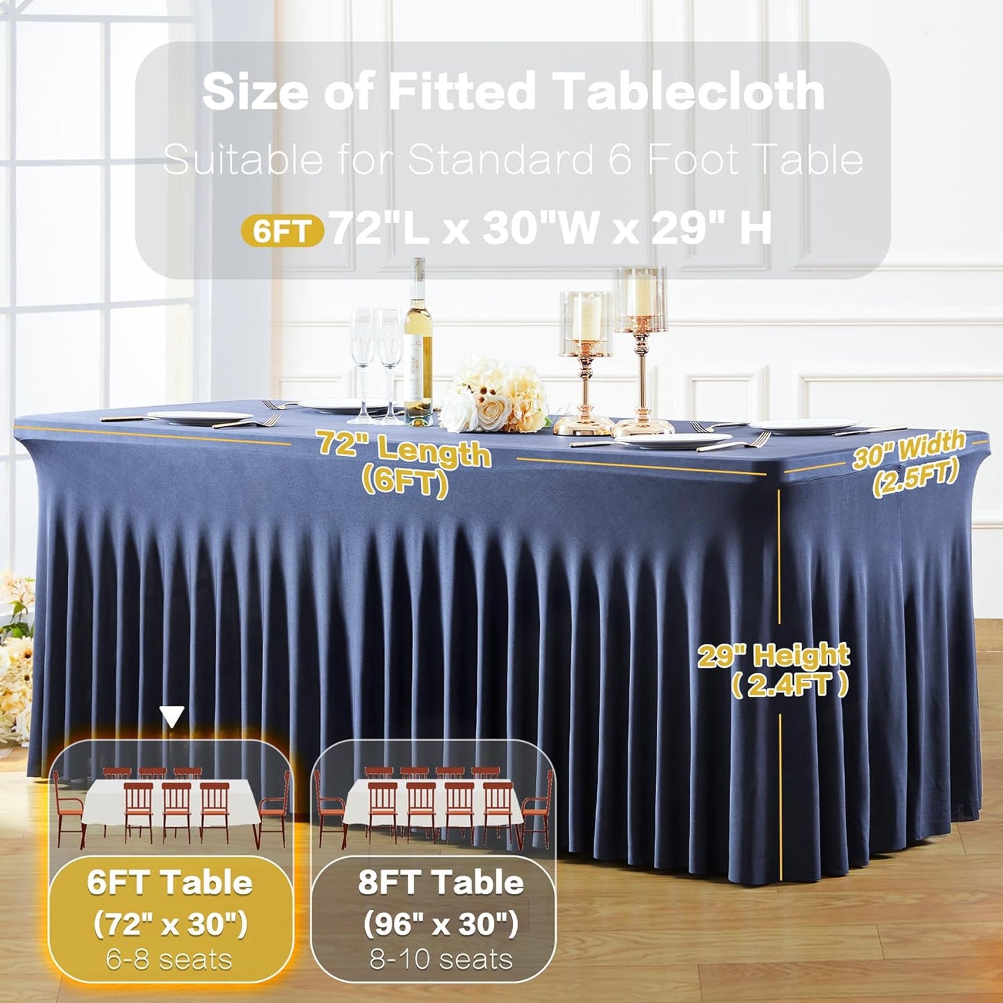 Besutolife 8 Pack Navy Blue Spandex Tablecloth for 6ft Rectangle Tables Fitted Table Cloth Stretch Table Covers Skirt 6ft Rectangular Tablecloths for Banquet Parties Wedding Decorations